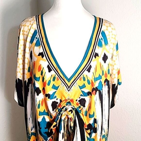 Jealous Tomato Colorful Printed Shift Dress with Bow Below Chest, Size 1X - Picture 3 of 10